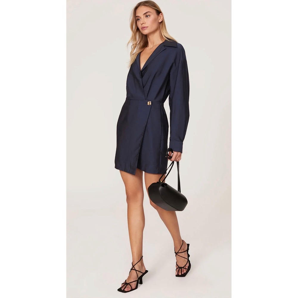 Vince Collar Long Sleeve Wrap Shirt Mini Dress Women 10 Navy Blue Gold Button